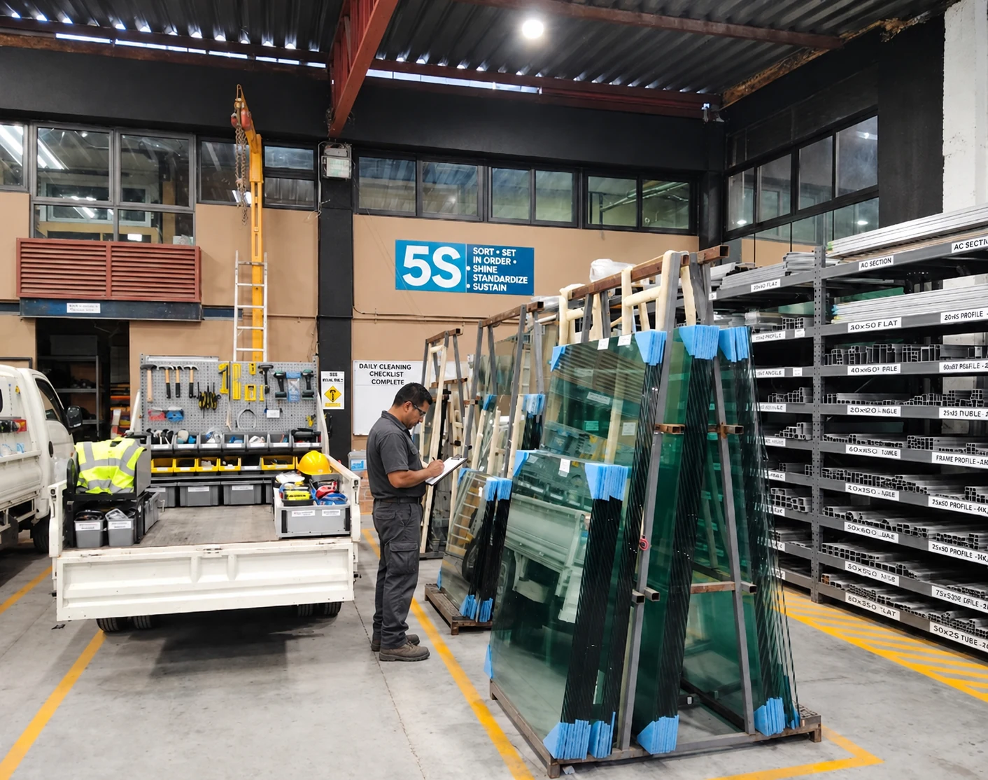 Resguardo de vidrio y perfiles de aluminio en el almacén.