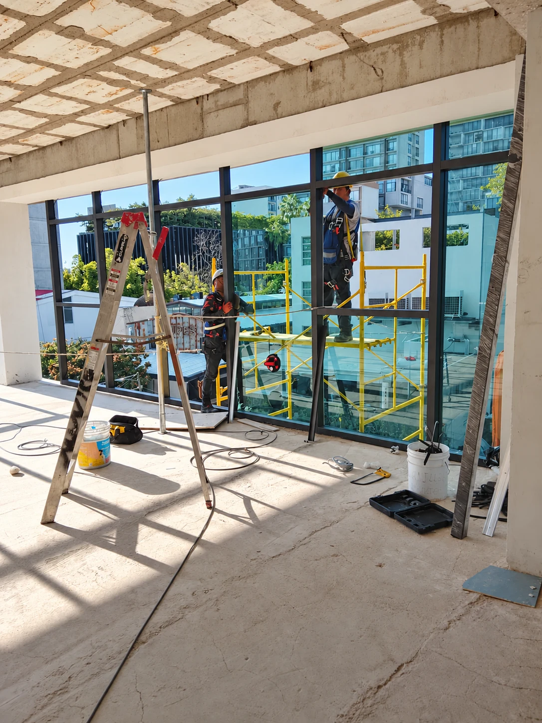 Instalación de cancelería y vidrio en una obra en proceso.