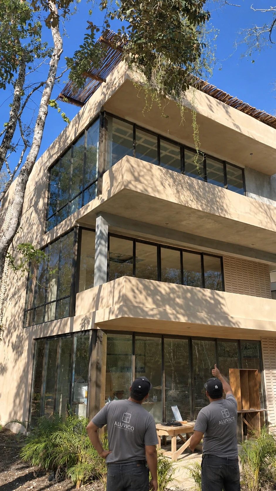 Fachada con ventanales de aluminio y vidrio y dos integrantes de Aluvico en obra.
